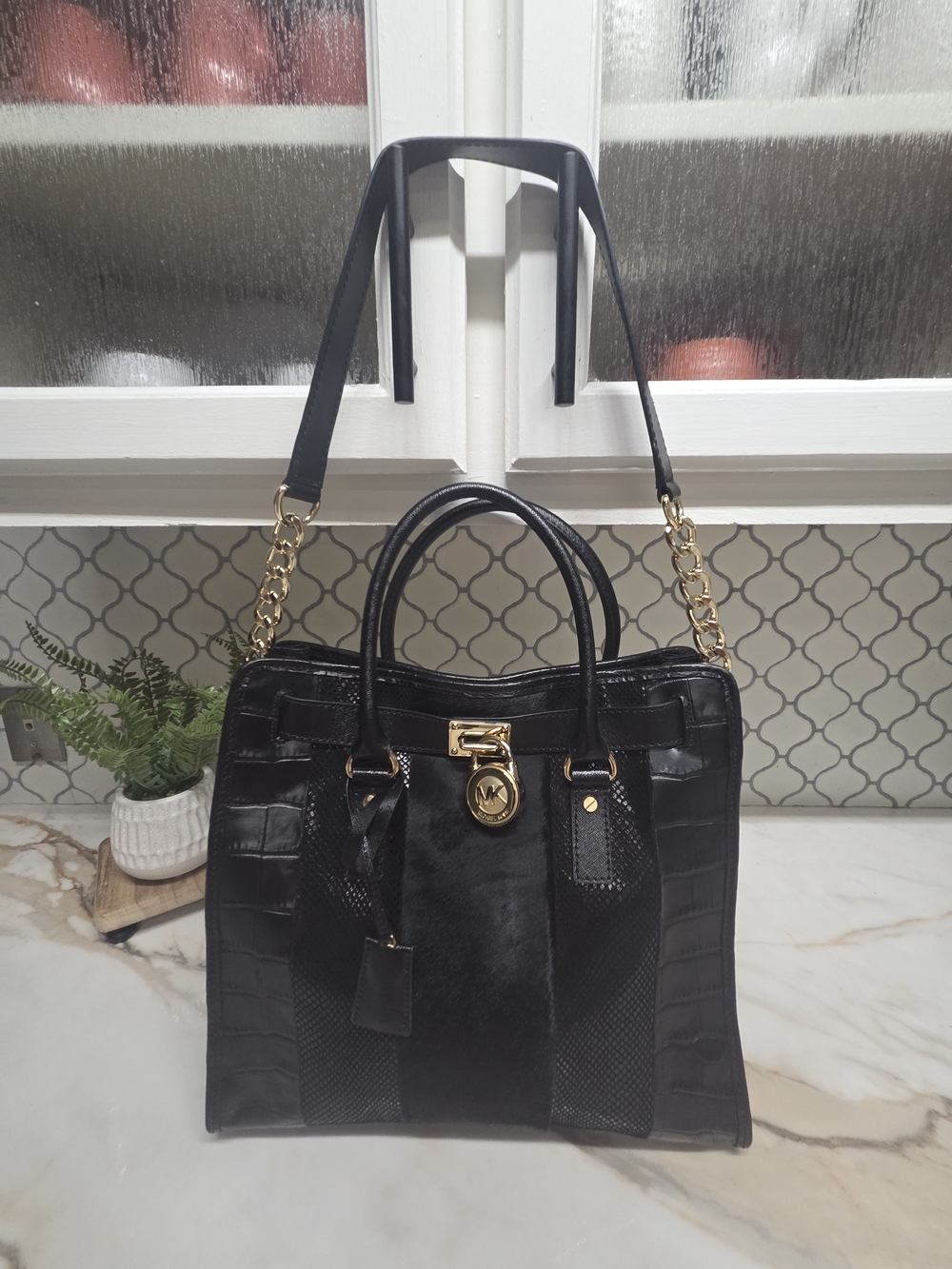 MK Hamilton Black Mixed-Texture Calf Hair/Croc Leather Tote with Gold Accents.